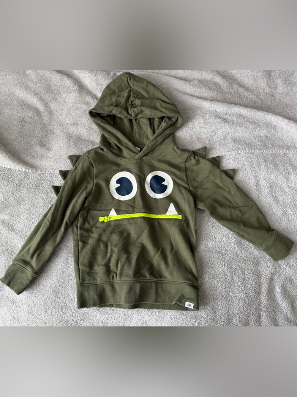 GAP Kids Olive Green Monster Hoodie with Neon Zip Accent